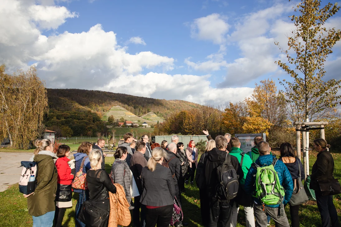 Teilnehmende lassen sich von Tom Kirsten vor einer Tafel etwas erklären. Im Hintergrund sind die Weinberge von Pillnitz zu erkennen