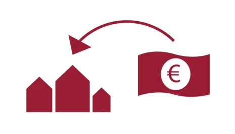 Pictogramm von einem Euroschrein der Richtung Häuser zeigt