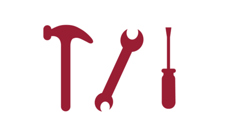Pictogramm von Werkzeugen, Hammer, Schraubenschlüssel und Schraubenzieher