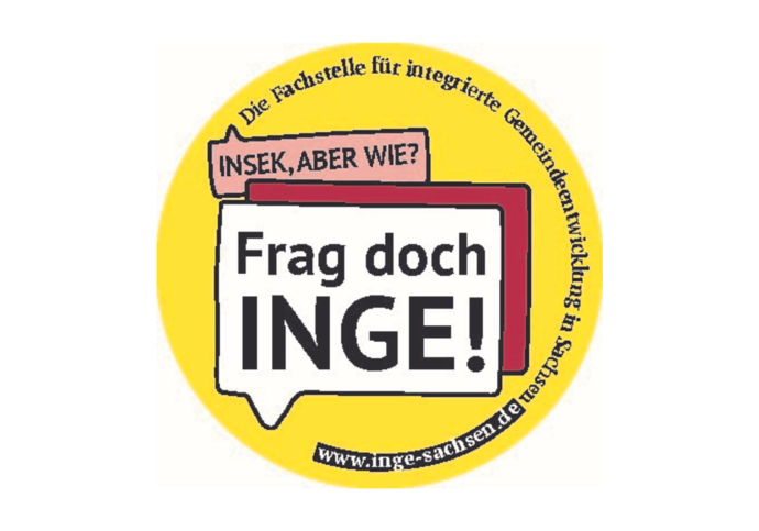 Zu sehen ist die Aufforderung "frag doch INGE". Der Sticker soll dafür werben, sich bei Fragen an die Fachstelle zu wenden