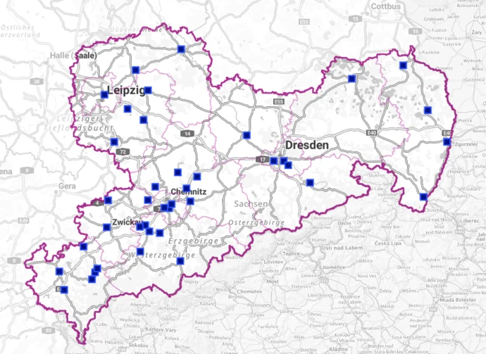 Sachsenkarte mit Spots wo EFRE fördert