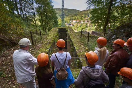 Gruppe von Personen mit orangen Bauhelmen stehen vor einem Schacht, der überwachsen ist