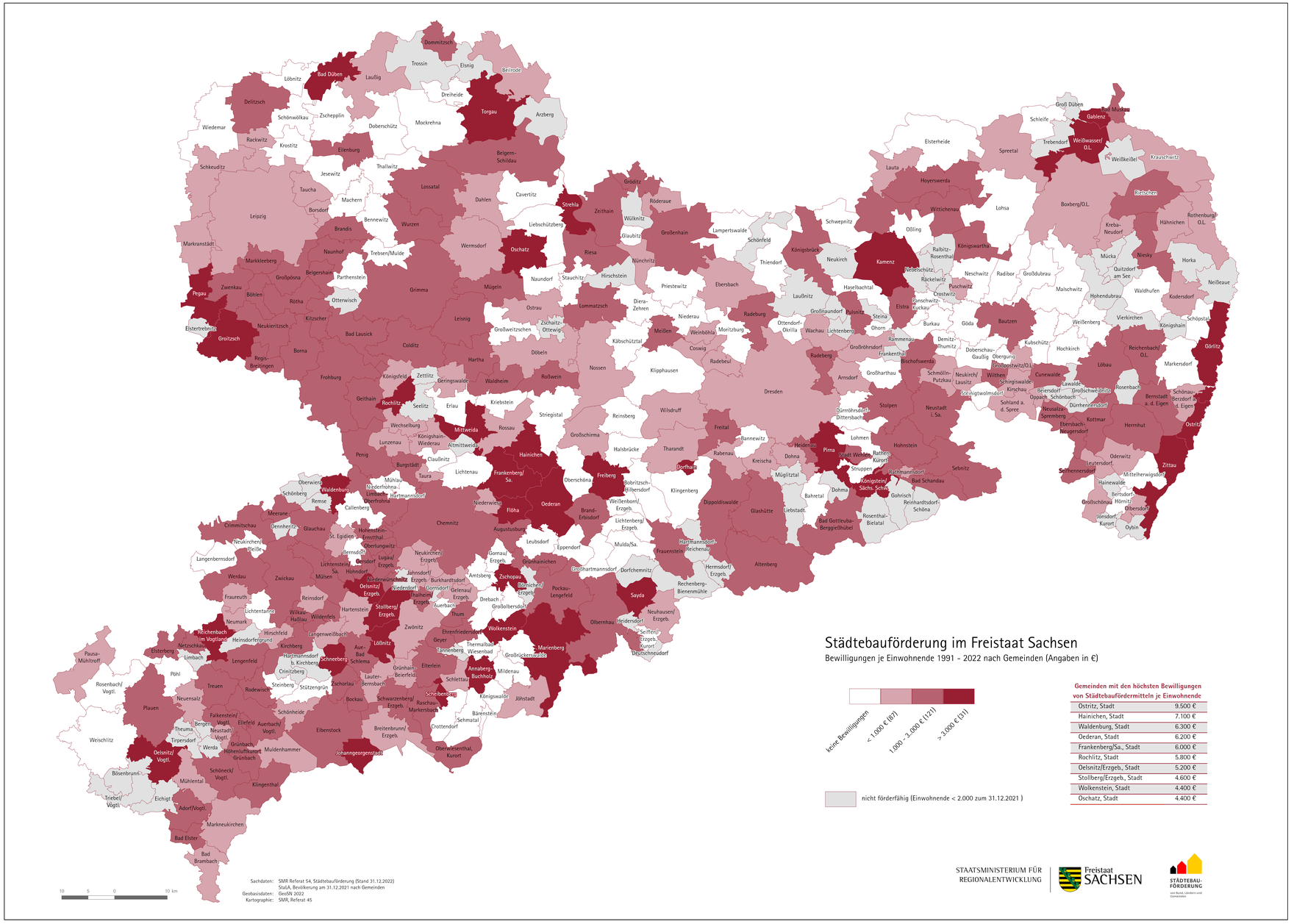 Zu sehen ist ein Überblick über Sachsen aus dem hervorgeht, dass jede zweite Stadt in Sachsen seit 1991 Städtebauförderung erhalten hat.