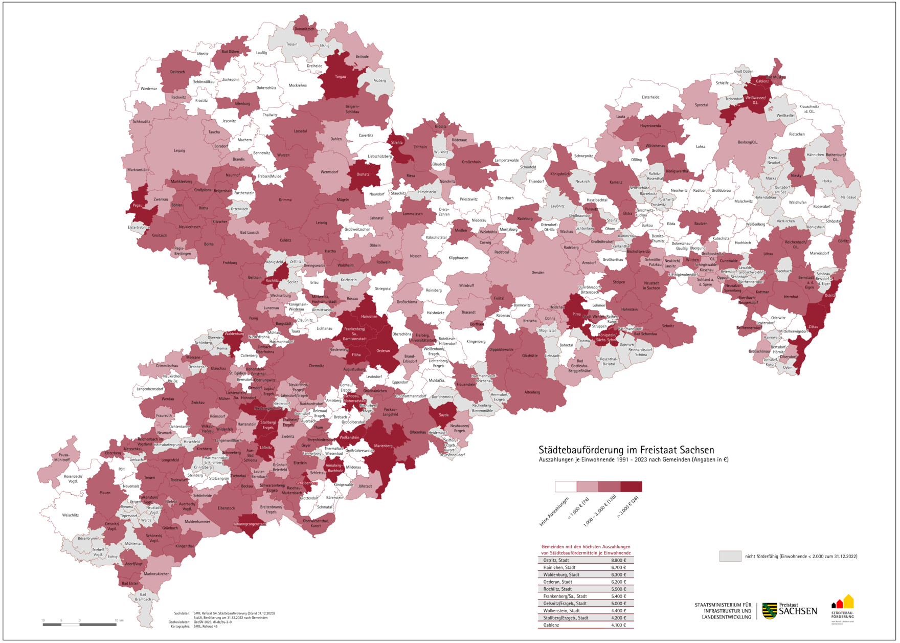 Zu sehen ist ein Überblick über Sachsen aus dem hervorgeht, dass jede zweite Stadt in Sachsen seit 1991 Städtebauförderung erhalten hat.