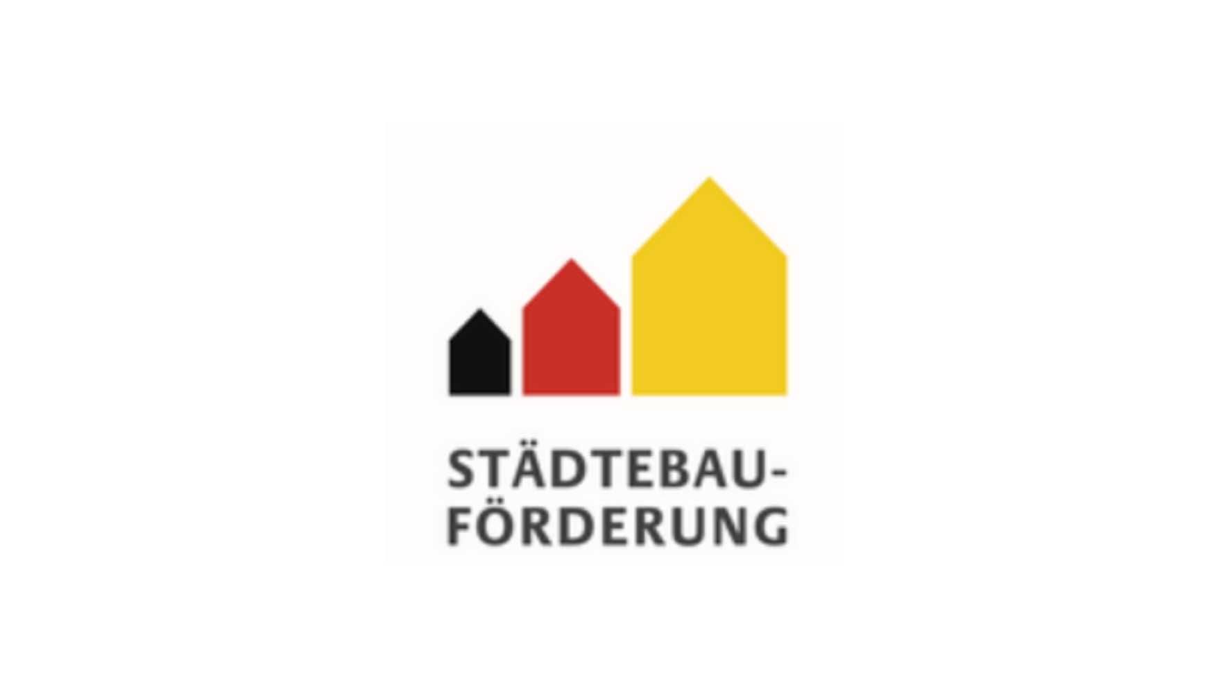 Logo der Städtebauförderung, drei abstrakte Häuser nebeneinander in den Farben schwarz, rot, Gold.