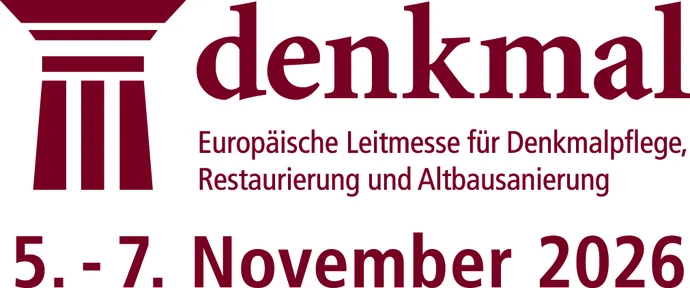 Logo der Messe denkmals mit der Abbildung eines griechischen Tempels auf der linken Seite