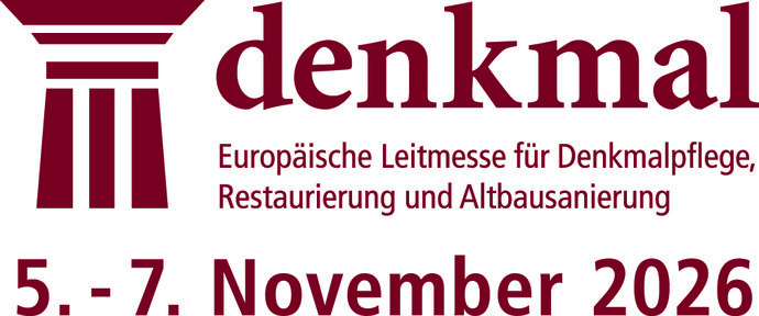 Logo der Messe denkmals mit der Abbildung eines griechischen Tempels auf der linken Seite
